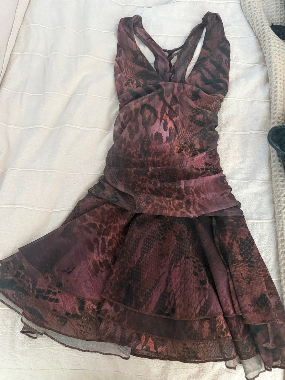 Ruched V-Neck Animal Print Mini Dress in Plum